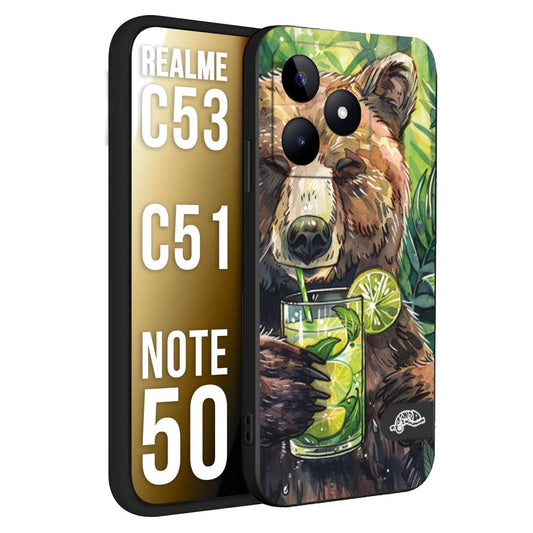 CUSTOMIZZA - Custodia cover nera morbida in tpu compatibile per Oppo Realme C53 - C51 - NOTE 50 estate disegnata cocktails animali simpatici orso bear negroni