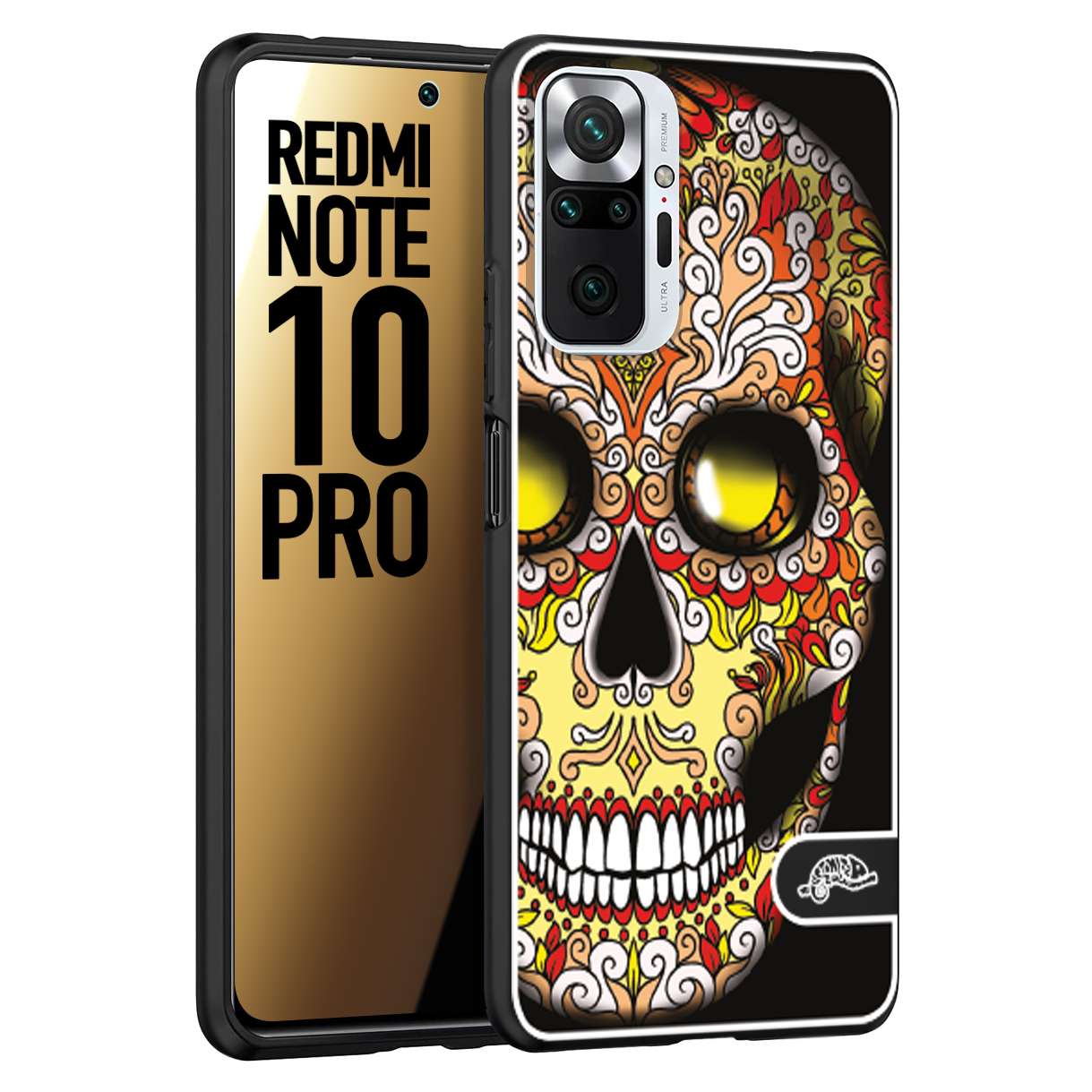 CUSTOMIZZA - Custodia cover nera morbida in tpu compatibile per Xiaomi Redmi Note 10 PRO teschio messicano Mexican skull giallo rosso arancio