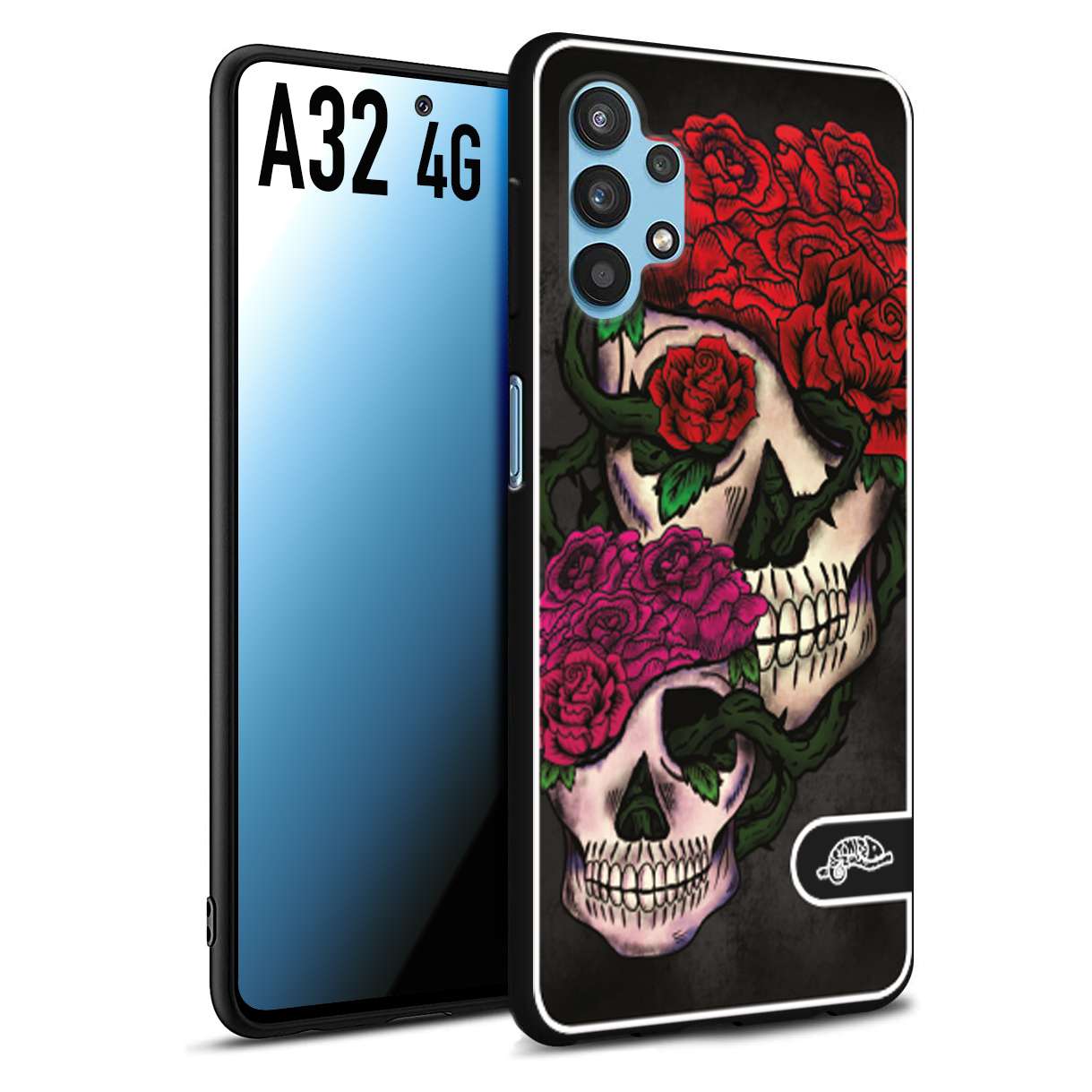 CUSTOMIZZA - Custodia cover nera morbida in tpu compatibile per Samsung A32 4G teschi e rose rosse fucsia skull and roses