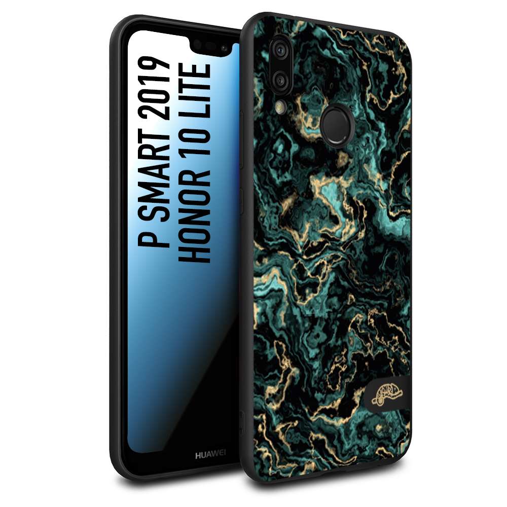 CUSTOMIZZA - Custodia cover nera morbida in tpu compatibile per Huawei P Smart 2019 effetto marmo marble verde green venature dorato pietra