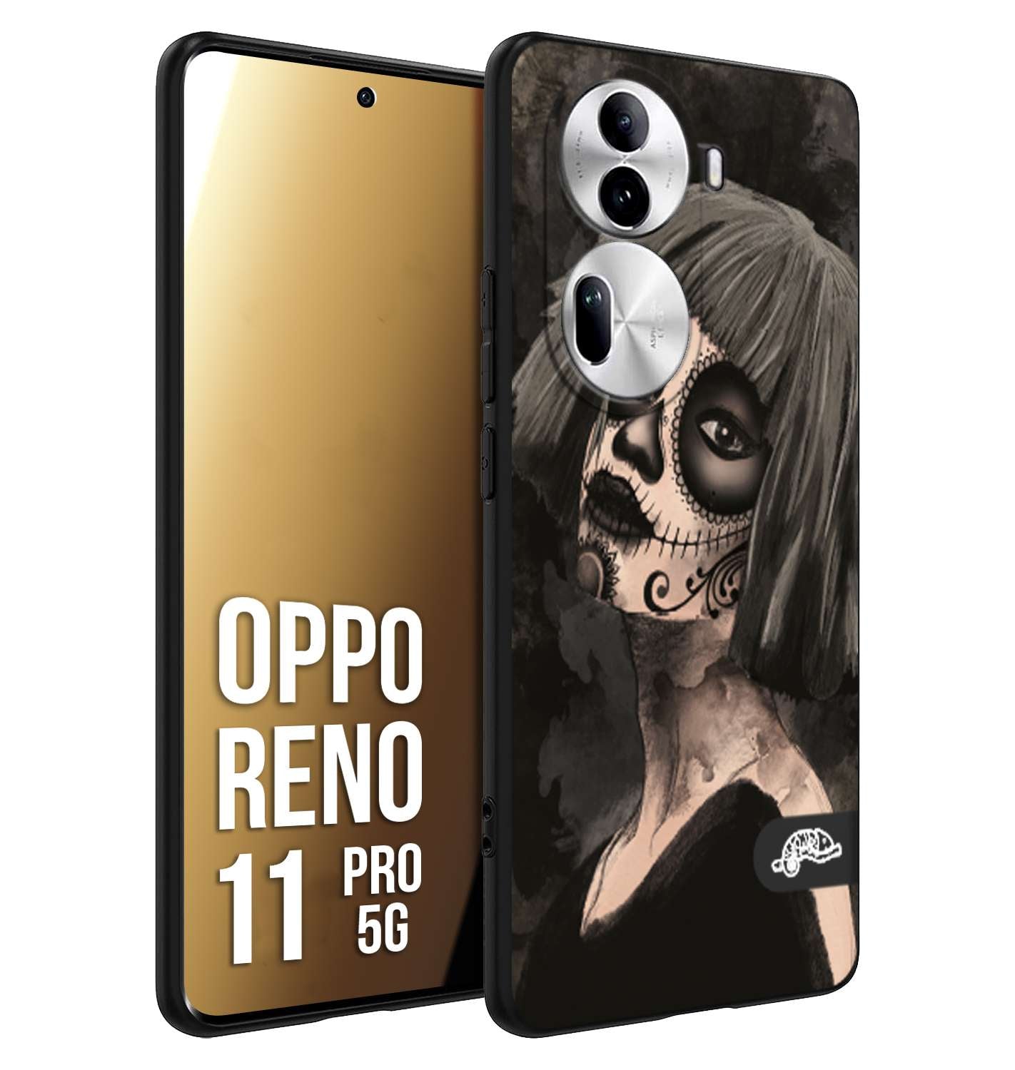 CUSTOMIZZA - Custodia cover nera morbida in tpu compatibile per Oppo Reno 11 PRO 5G chicana messicana dea de la muerte donna santa tattoo disegnata