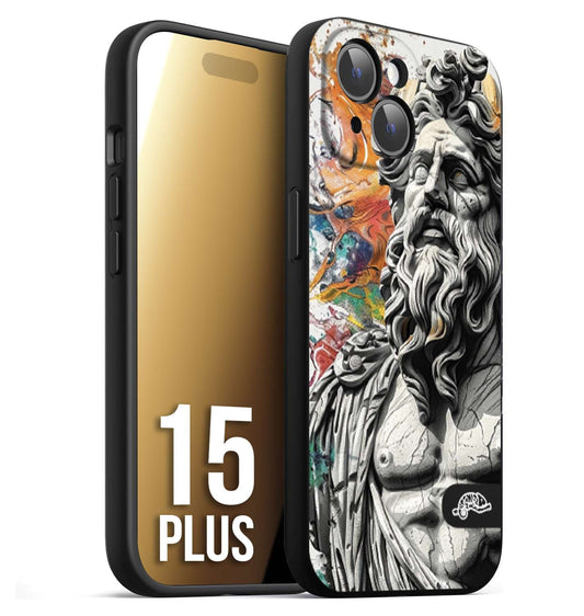CUSTOMIZZA - Custodia cover nera morbida in tpu compatibile per iPhone 15 PLUS statua colorata moderna antico tattoo splash color