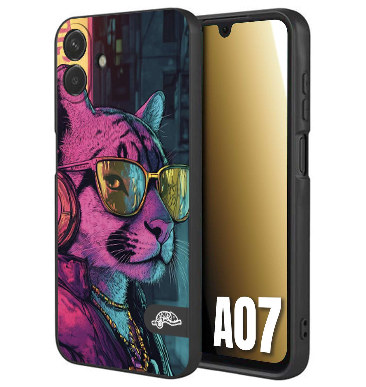 CUSTOMIZZA - Custodia cover nera morbida in tpu compatibile per Samsung A07 animali cyberpunk pantera street cat fucsia blu giallo