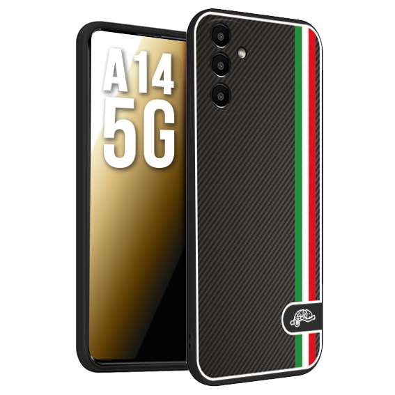 CUSTOMIZZA - Custodia cover nera morbida in tpu compatibile per Samsung A14 5G effetto fibra di carbonio bandiera Italia made in Italy