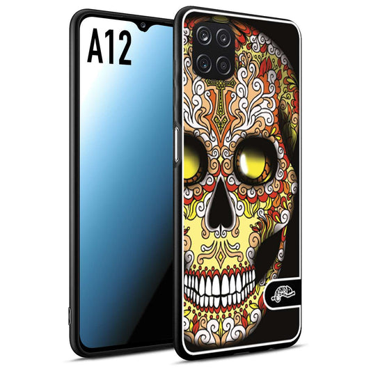 CUSTOMIZZA - Custodia cover nera morbida in tpu compatibile per Samsung A12 teschio messicano Mexican skull giallo rosso arancio