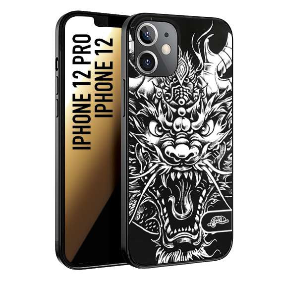 CUSTOMIZZA - Custodia cover nera morbida in tpu compatibile per iPhone 12 - 12 PRO drago black and white bianco a rilievo disegnato tattoo tatuaggio