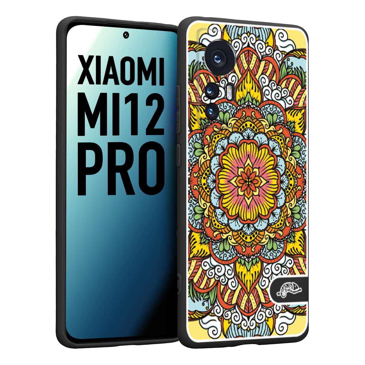 CUSTOMIZZA - Custodia cover nera morbida in tpu compatibile per Xiaomi 12 PRO mandala colorato fiore nuvole arancione