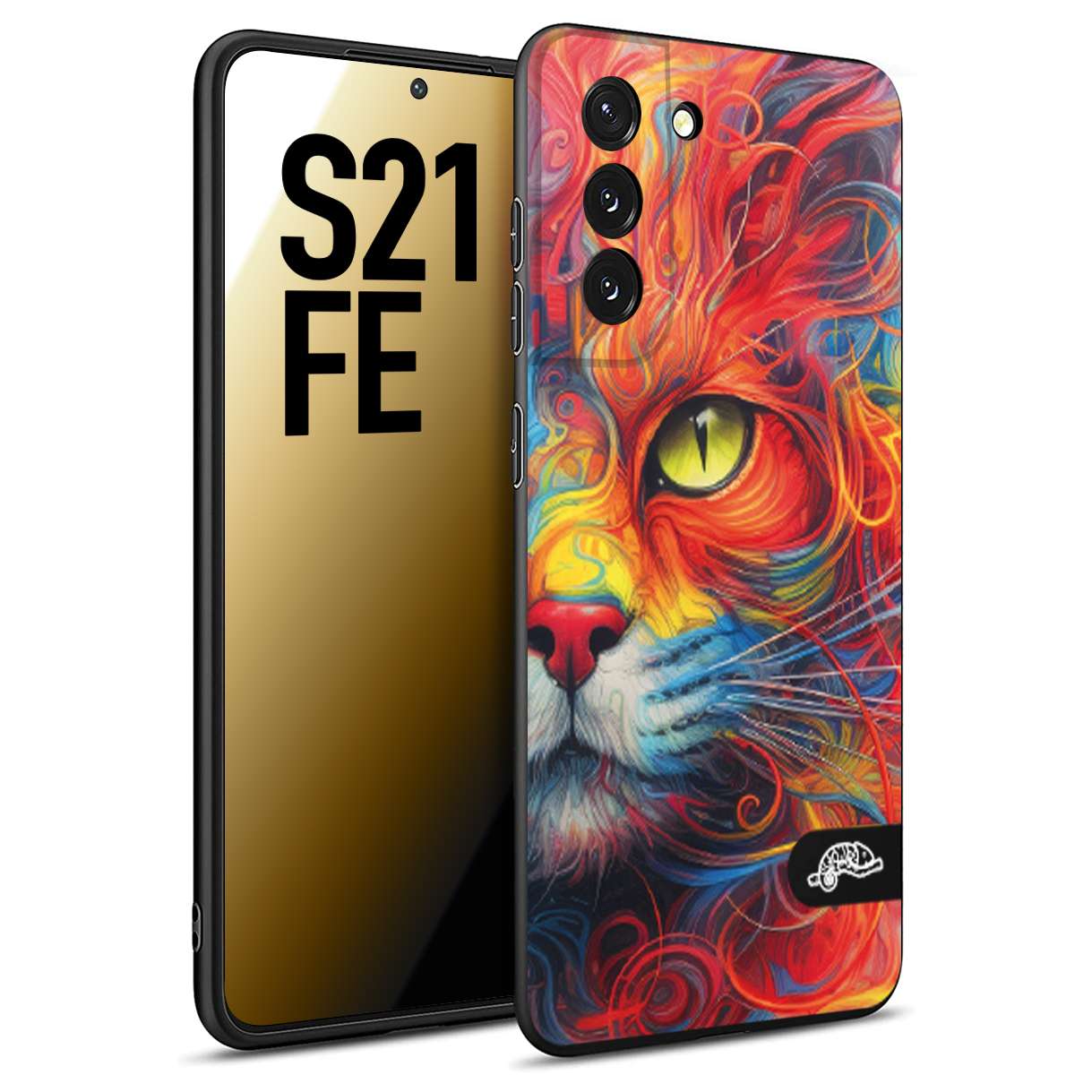 CUSTOMIZZA - Custodia cover nera morbida in tpu compatibile per Samsung S21 FE animali color cat gatto viso colori vibranti disegnato schizzo