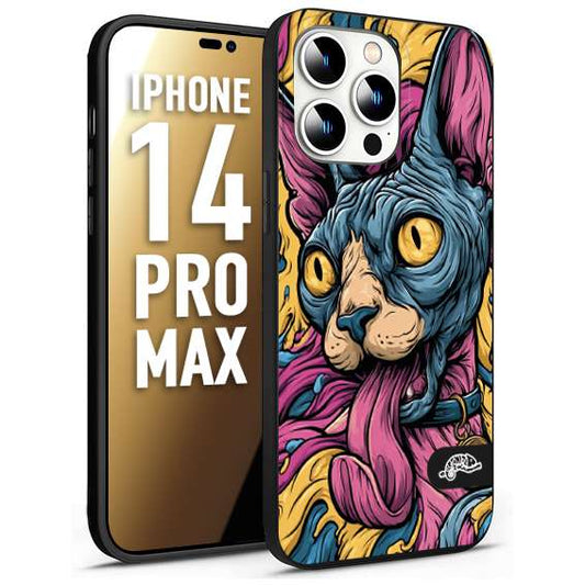 CUSTOMIZZA - Custodia cover nera morbida in tpu compatibile per iPhone 14 PRO MAX Sphynx Colorato Pop Art Psichedelico Gatto Blu Rosa Giallo Artistica Fantasy