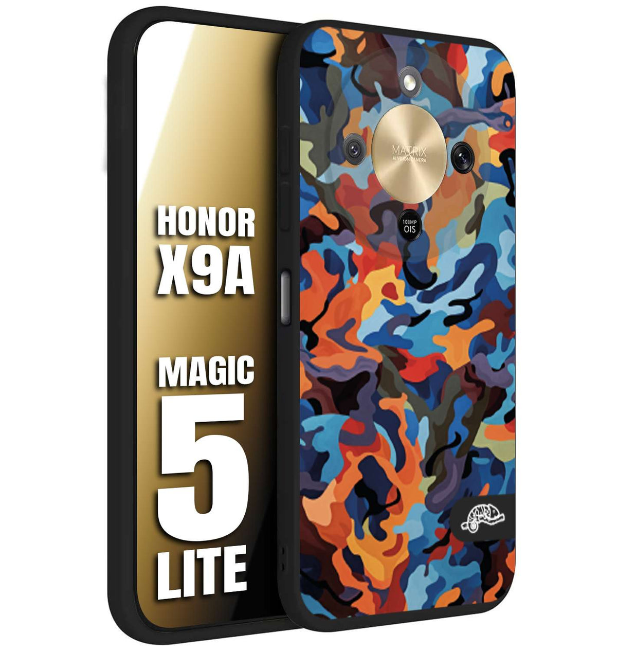 CUSTOMIZZA - Custodia cover nera morbida in tpu compatibile per Honor X9A - Honor Magic 5 Lite camouflage mimetico militare moderno blu arancio rosso