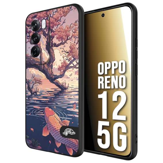 CUSTOMIZZA - Custodia cover nera morbida in tpu compatibile per Oppo Reno 12 5G giapponese lago carpa koi rosa con foglie d'acero disegnata tattoo