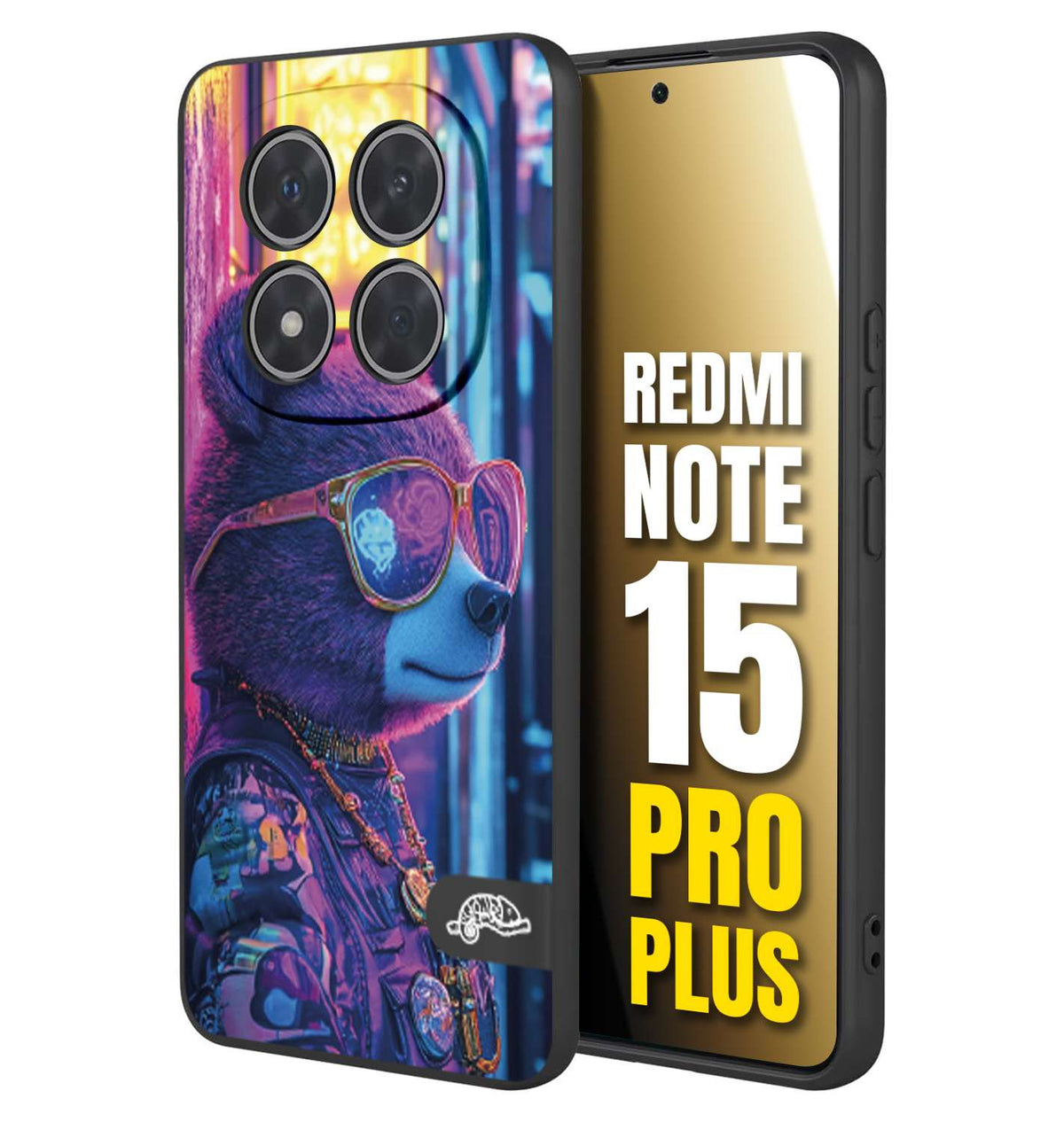 CUSTOMIZZA - Custodia cover nera morbida in tpu compatibile per Xiaomi Redmi Note 15 PRO PLUS animali cyberpunk orsetto orso street bear fucsia blu night