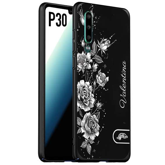 CUSTOMIZZA - Custodia cover nera morbida in tpu compatibile per Huawei P30 a rilievo soft touch personalizzata nome rose fiori donna