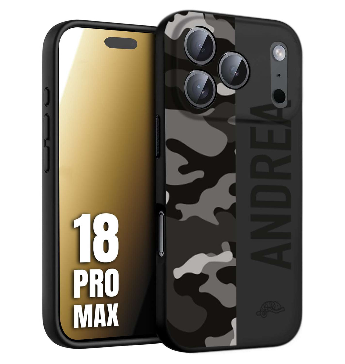 CUSTOMIZZA - Custodia cover nera morbida in tpu compatibile per iPhone 18 PRO MAX camouflage mimetico militare personalizzata nome