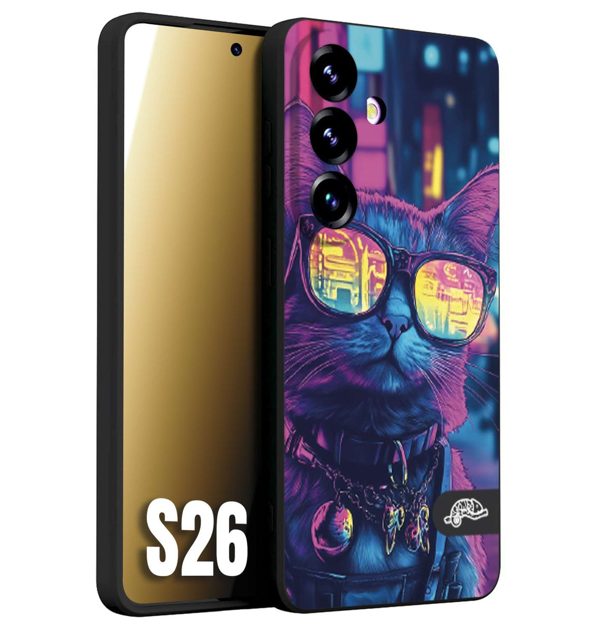 CUSTOMIZZA - Custodia cover nera morbida in tpu compatibile per Samsung S26 animali cyberpunk gatto street cat fucsia blu giallo
