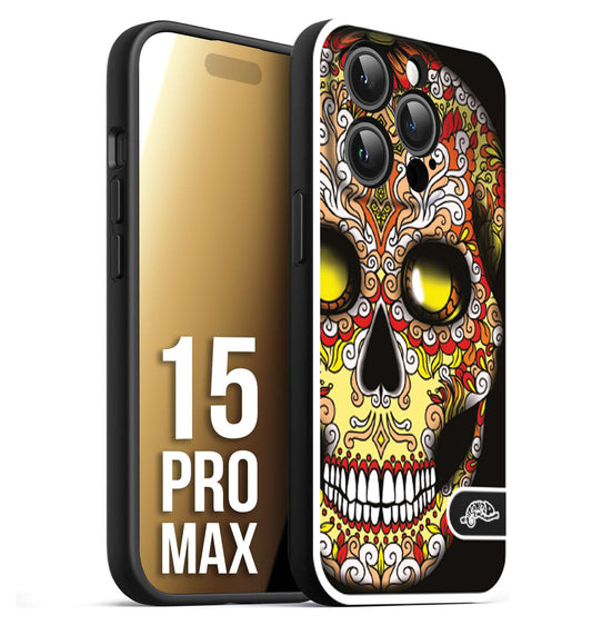 CUSTOMIZZA - Custodia cover nera morbida in tpu compatibile per iPhone 15 PRO MAX teschio messicano Mexican skull giallo rosso arancio