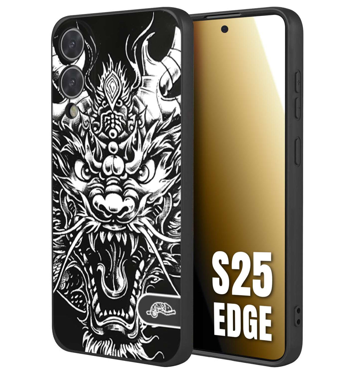 CUSTOMIZZA - Custodia cover nera morbida in tpu compatibile per Samsung S25 EDGE drago black and white bianco a rilievo disegnato tattoo tatuaggio