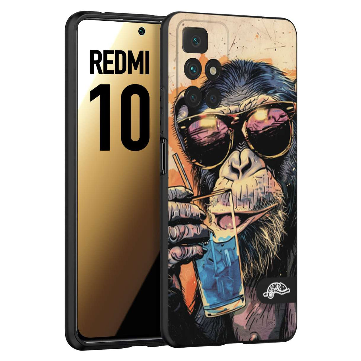 CUSTOMIZZA - Custodia cover nera morbida in tpu compatibile per Xiaomi Redmi 10 estate disegnata cocktails animali simpatici scimmia monkey negroni