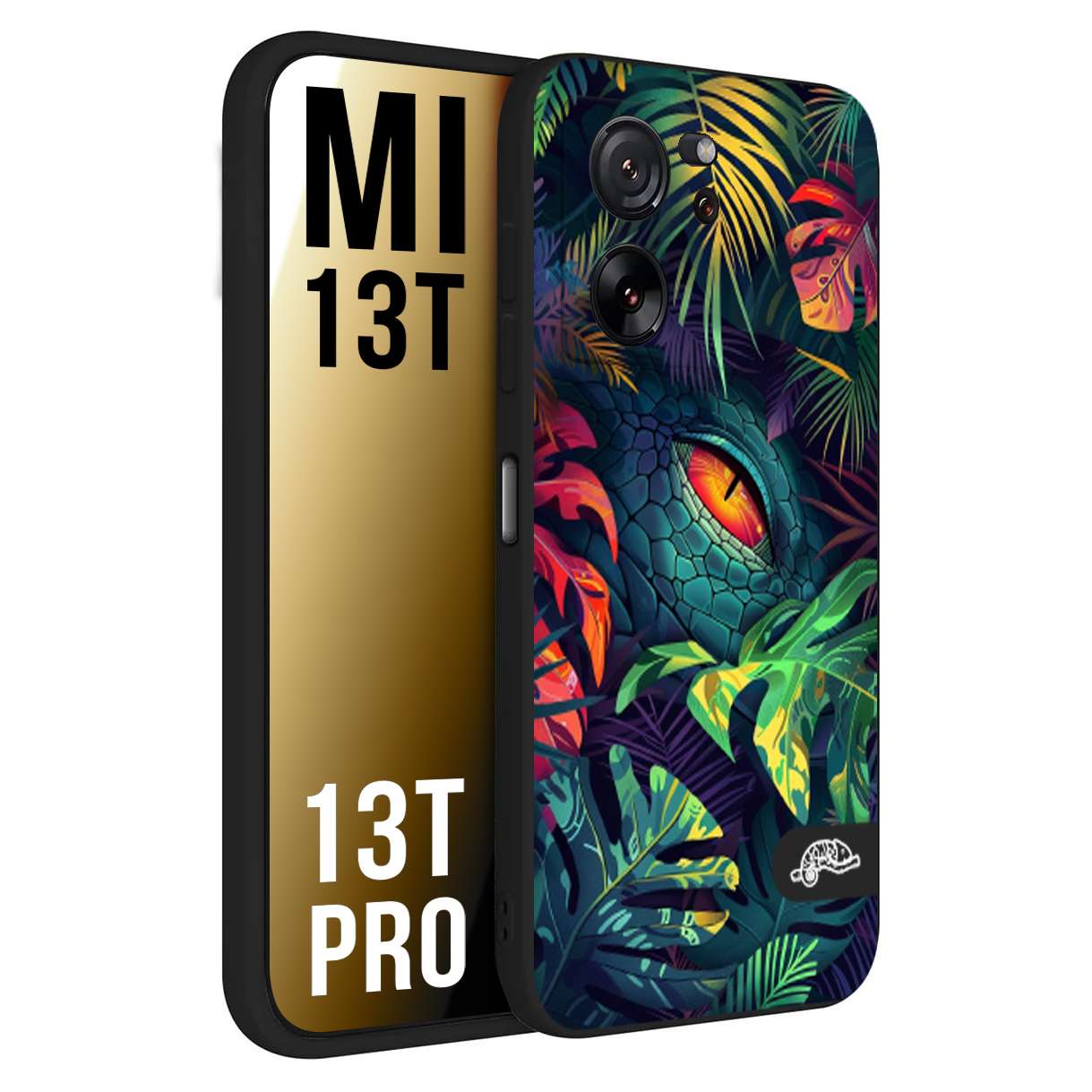 CUSTOMIZZA - Custodia cover nera morbida in tpu compatibile per Xiaomi 13T - 13T PRO animali color giungla tropicale occhio di coccodrillo alligatore disegnato