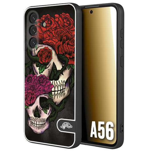 CUSTOMIZZA - Custodia cover nera morbida in tpu compatibile per Samsung A56 5G teschi e rose rosse fucsia skull and roses