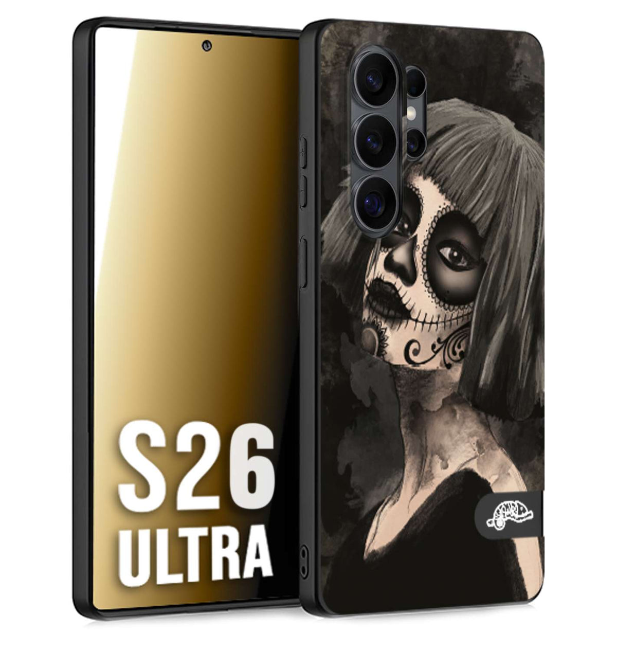 CUSTOMIZZA - Custodia cover nera morbida in tpu compatibile per Samsung S26 ULTRA chicana messicana dea de la muerte donna santa tattoo disegnata