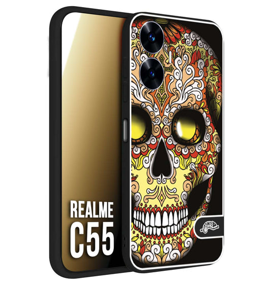 CUSTOMIZZA - Custodia cover nera morbida in tpu compatibile per Realme C55 teschio messicano Mexican skull giallo rosso arancio