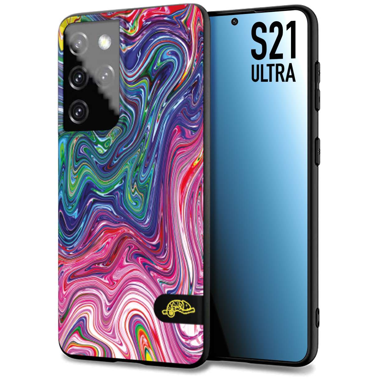 CUSTOMIZZA - Custodia cover nera morbida in tpu compatibile per Samsung S21 ULTRA colorata fantasia vortice marmo arcobaleno rosa blu fucsia