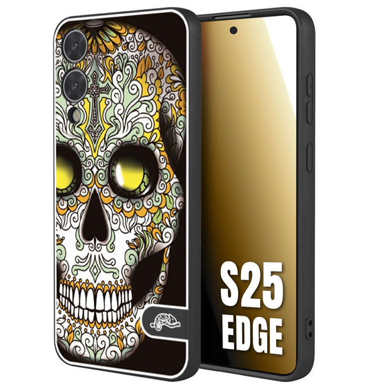 CUSTOMIZZA - Custodia cover nera morbida in tpu compatibile per Samsung S25 EDGE teschio messicano Mexican skull bianco verde giallo