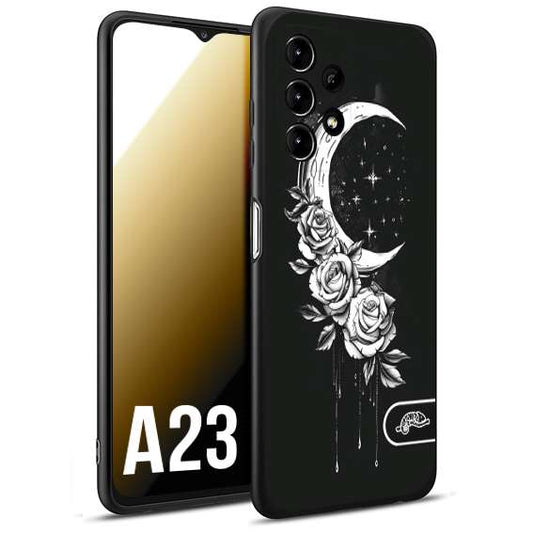 CUSTOMIZZA - Custodia cover nera morbida in tpu compatibile per Samsung A23 luna e fiori moon flowers black and white bianco a rilievo disegnato