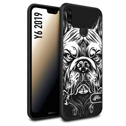 CUSTOMIZZA - Custodia cover nera morbida in tpu compatibile per Huawei Y6 2019 bulldog bianco a rilievo disegnato tattoo tatuaggio