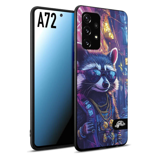 CUSTOMIZZA - Custodia cover nera morbida in tpu compatibile per Samsung A72 animali simpatici cyberpunk procione racoon street cat fucsia blu giallo