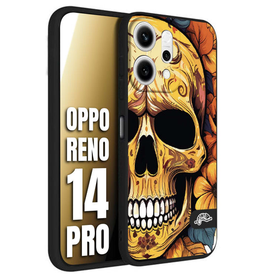 CUSTOMIZZA - Custodia cover nera morbida in tpu compatibile per Oppo Reno 14 PRO teschio messicano colorato dorato fiori autunnali disegnato