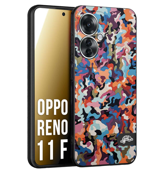 CUSTOMIZZA - Custodia cover nera morbida in tpu compatibile per Oppo Reno 11 F 5G camouflage mimetico militare moderno blu arancio rosa