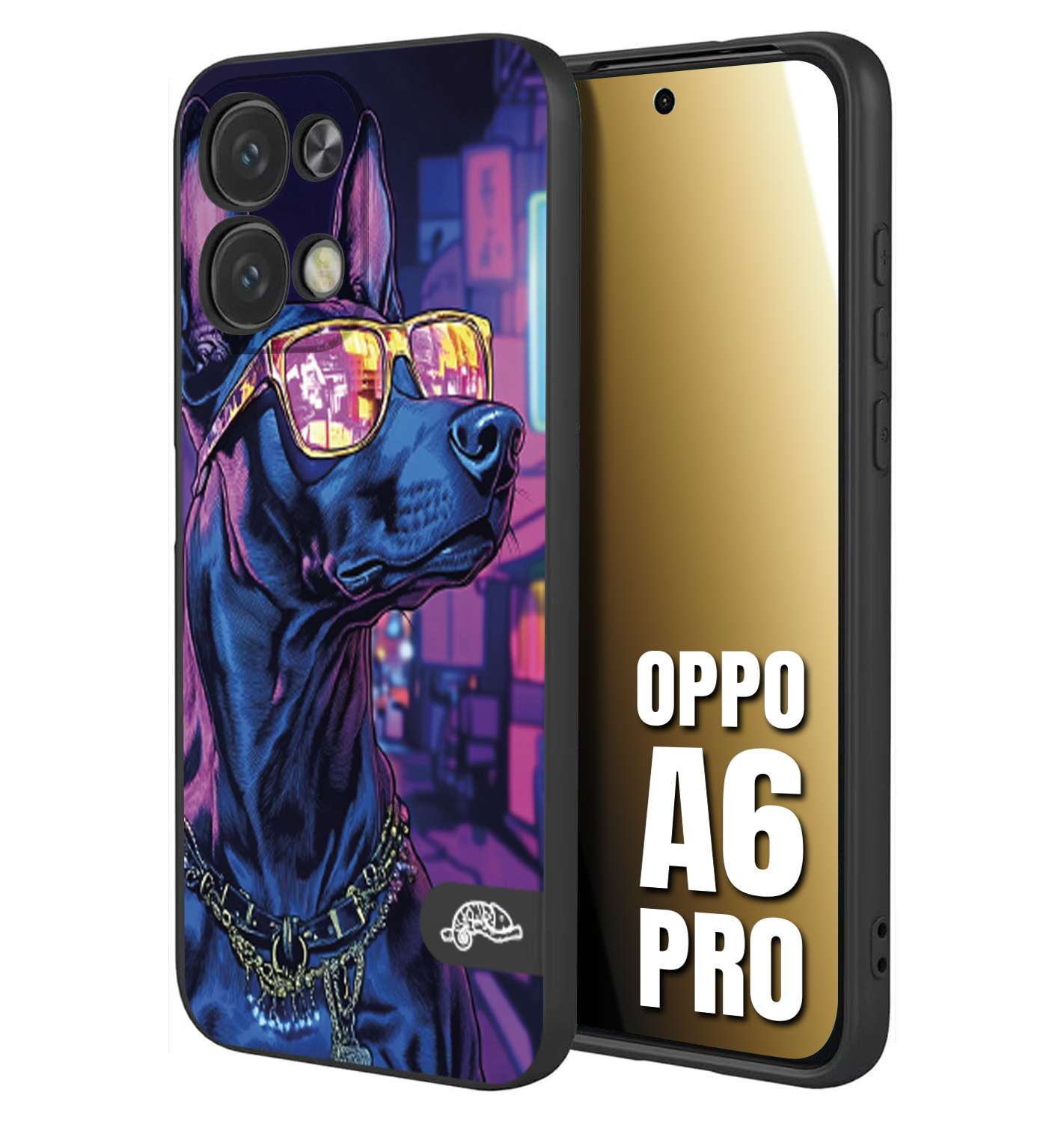 CUSTOMIZZA - Custodia cover nera morbida in tpu compatibile per Oppo A6 PRO animali cyberpunk dobermann cane street dog fucsia blu night