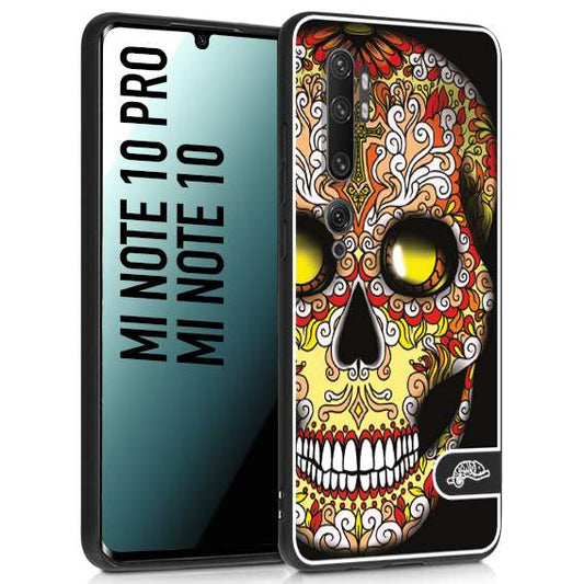 CUSTOMIZZA - Custodia cover nera morbida in tpu compatibile per Xiaomi Mi Note 10 - Mi Note 10 Pro teschio messicano Mexican skull giallo rosso arancio