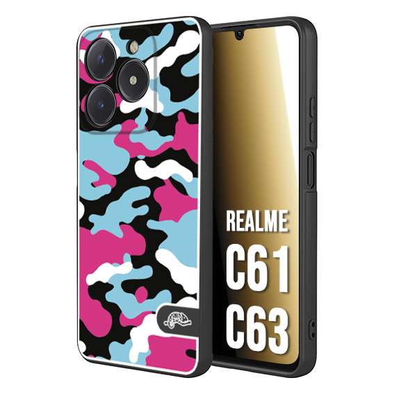 CUSTOMIZZA - Custodia cover nera morbida in tpu compatibile per Oppo C61 - C63 camouflage mimetico militare fucsia celeste