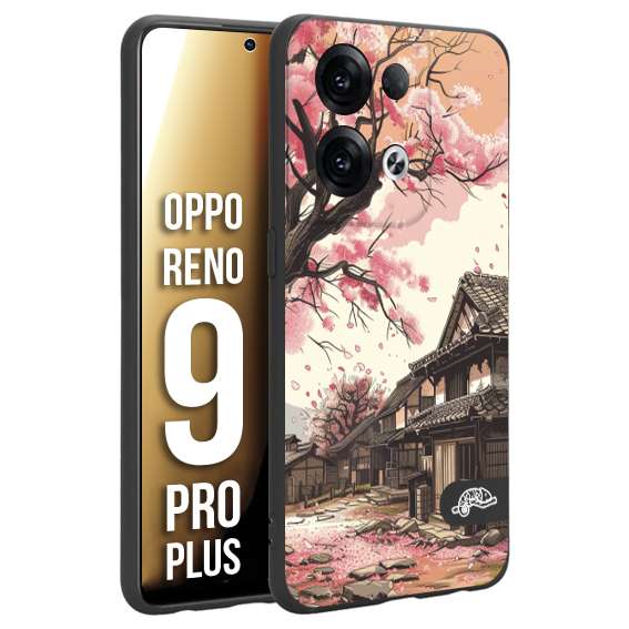 CUSTOMIZZA - Custodia cover nera morbida in tpu compatibile per Oppo Reno 9 PRO PLUS casa giapponese rosa ciliegio in fiore disegnata tattoo