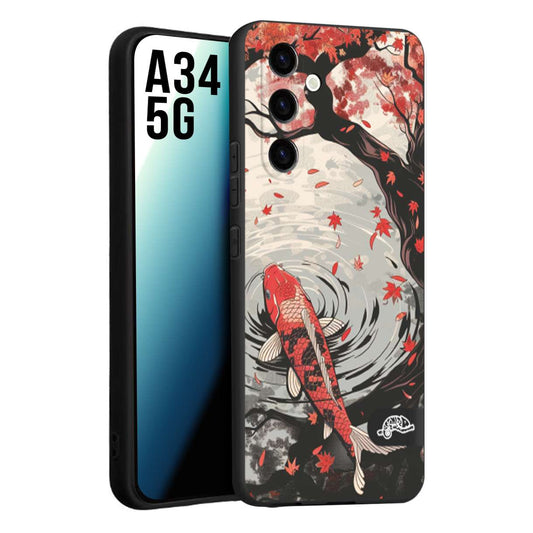 CUSTOMIZZA - Custodia cover nera morbida in tpu compatibile per Samsung A34 5G giapponese lago carpa koi rossa con foglie d'acero rosso disegnata tattoo