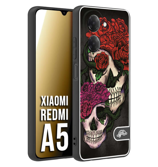 CUSTOMIZZA - Custodia cover nera morbida in tpu compatibile per Xiaomi Redmi A5 teschi e rose rosse fucsia skull and roses