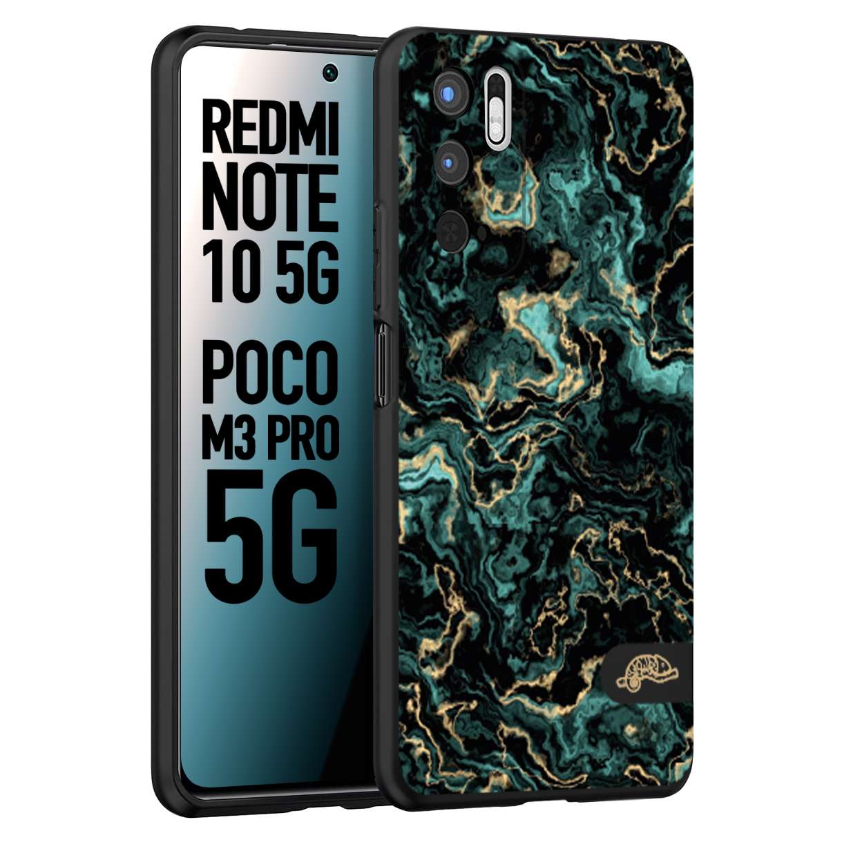 CUSTOMIZZA - Custodia cover nera morbida in tpu compatibile per Xiaomi Redmi Note 10 5G - Poco M3 Pro 5G effetto marmo marble verde green venature dorato pietra