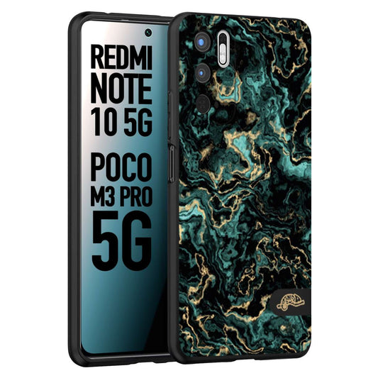 CUSTOMIZZA - Custodia cover nera morbida in tpu compatibile per Xiaomi Redmi Note 10 5G - Poco M3 Pro 5G effetto marmo marble verde green venature dorato pietra