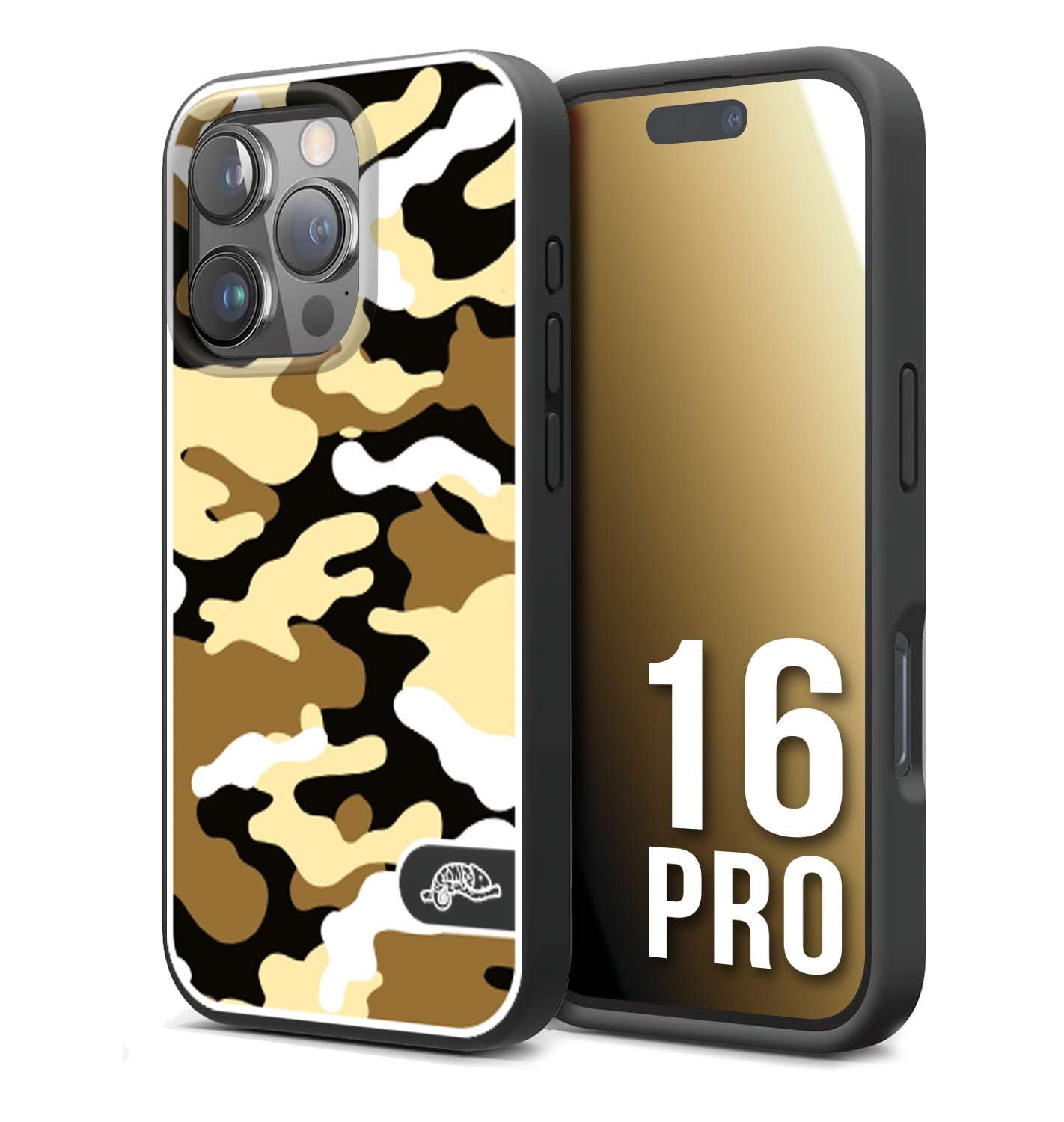 CUSTOMIZZA - Custodia cover nera morbida in tpu compatibile per iPhone 16 PRO camouflage mimetico militare giallo desert brown