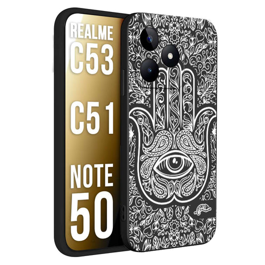 CUSTOMIZZA - Custodia cover nera morbida in tpu compatibile per Oppo Realme C53 - C51 - NOTE 50 mano di fatima effetto rilievo mandala donna