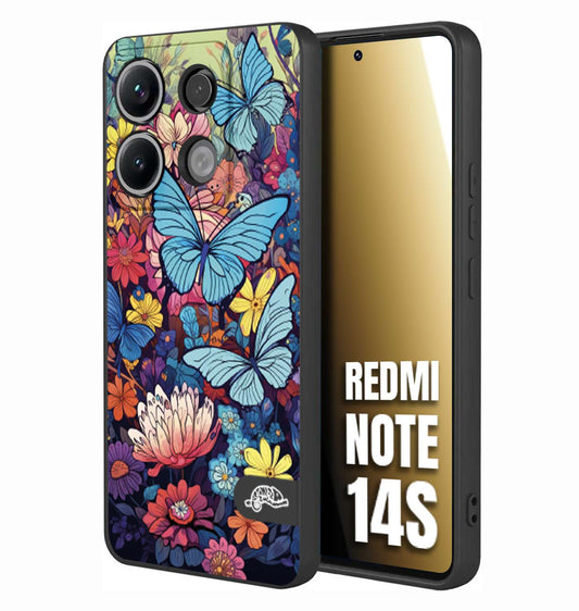 CUSTOMIZZA - Custodia cover nera morbida in tpu compatibile per Xiaomi Redmi Note 14S farfalle butterfly moderno donna disegnate gialla blu rosa