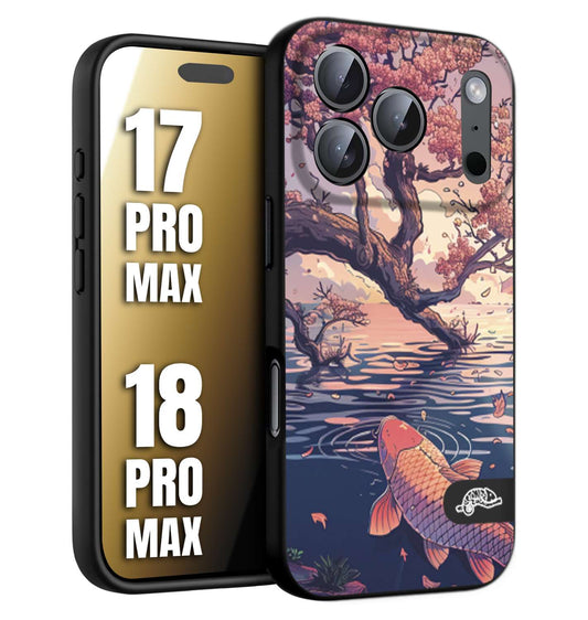 CUSTOMIZZA - Custodia cover nera morbida in tpu compatibile per iPhone 17 PRO MAX - 18 PRO MAX giapponese lago carpa koi rosa con foglie d'acero disegnata tattoo