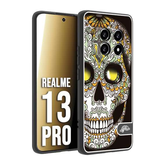 CUSTOMIZZA - Custodia cover nera morbida in tpu compatibile per Realme 13 PRO teschio messicano Mexican skull bianco verde giallo
