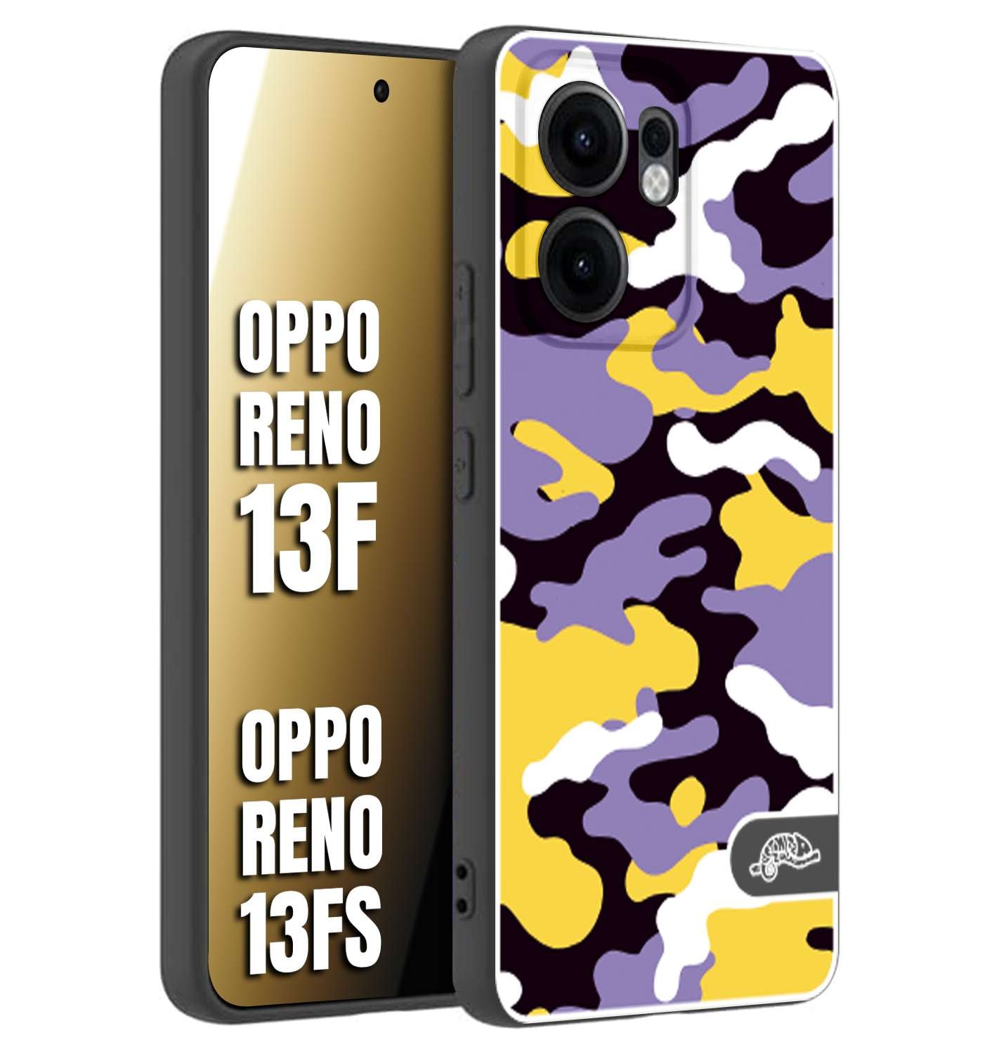 CUSTOMIZZA - Custodia cover nera morbida in tpu compatibile per Oppo Reno 13 F camouflage mimetico militare viola lilla giallo