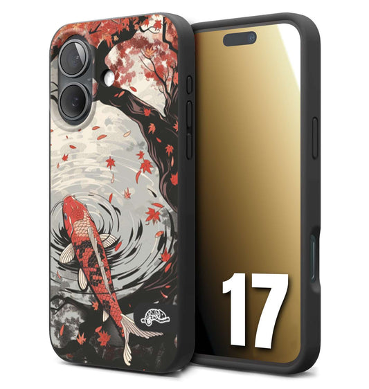 CUSTOMIZZA - Custodia cover nera morbida in tpu compatibile per iPhone 17 giapponese lago carpa koi rossa con foglie d'acero rosso disegnata tattoo
