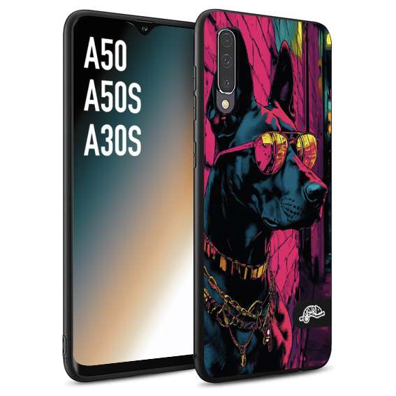 CUSTOMIZZA - Custodia cover nera morbida in tpu compatibile per Samsung A50 - A50S - A30S animali cyberpunk dobermann cane street dog fucsia blu
