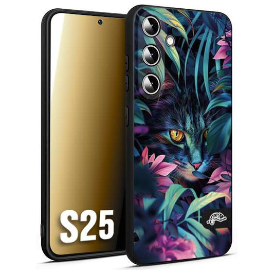 CUSTOMIZZA - Custodia cover nera morbida in tpu compatibile per Samsung S25 animali color giungla tropicale occhio di gatto colori vibranti disegnato